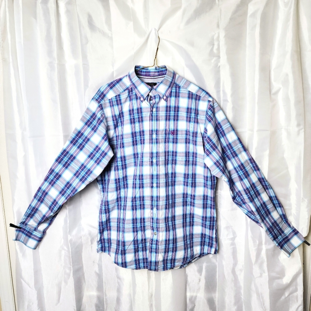Ariat Pro Series Shirt Mens M Blue Plaid Button Up Pocket Long Sleeves Vented